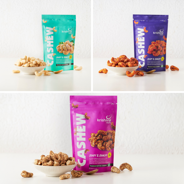 Salted Cashews | Pepper Cashew | Chilli Cashew ( Flavored Cashew Combo )